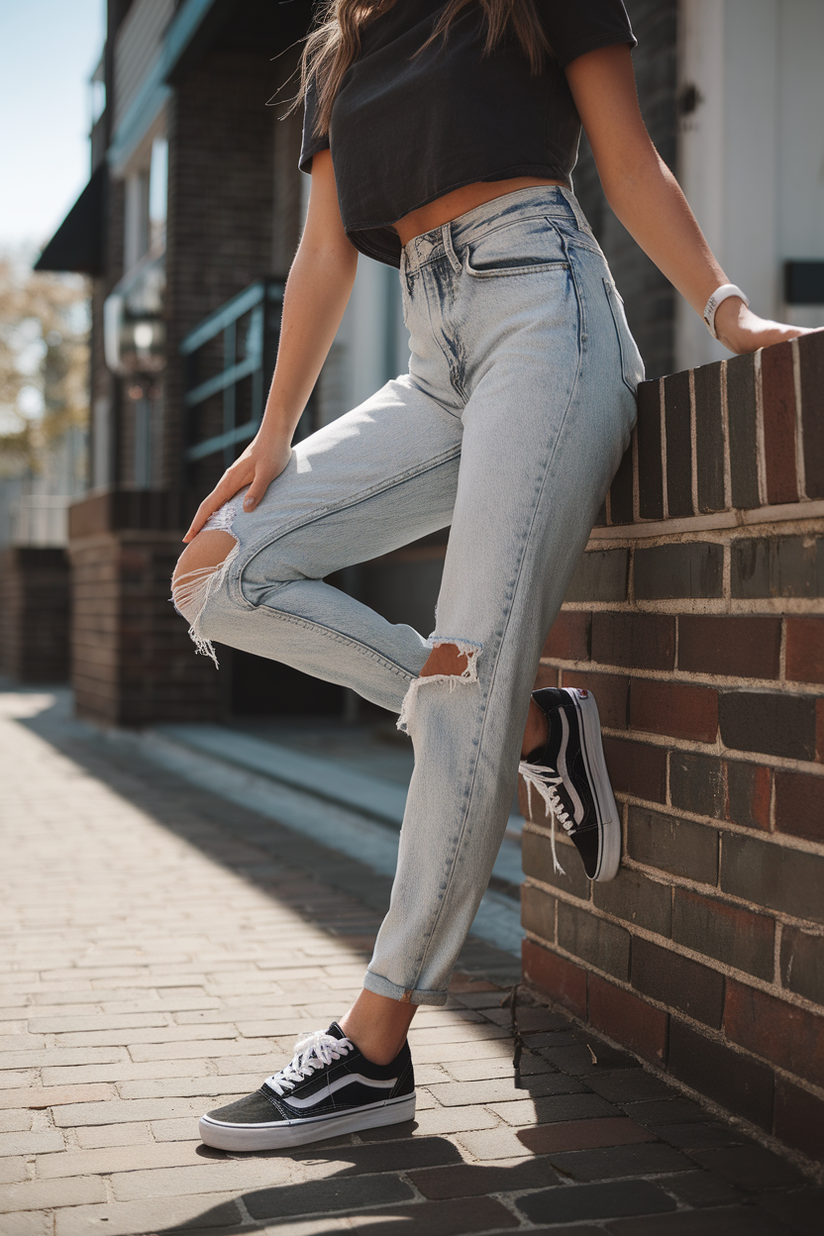 A woman in ripped light-wash jeans, a black t-shirt, and Vans Old Skool sneakers, standing against a brick wall.