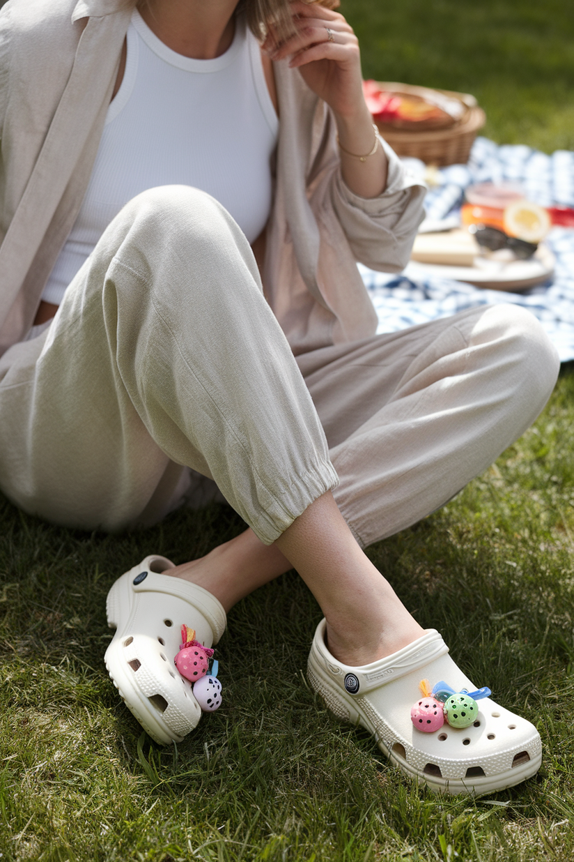 A woman in beige joggers and a white tank top, wearing white Crocs, sitting on a grassy lawn.