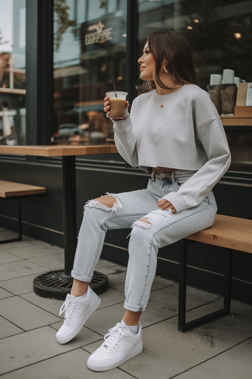 A woman in ripped jeans, a grey sweatshirt, and white Air Force 1 sneakers, sitting on a bench outside a coffee shop.