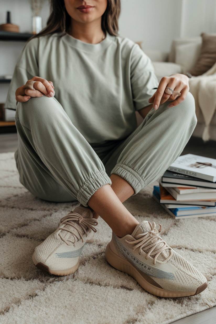 A woman in sage green joggers and a white t-shirt, wearing Yeezy Foam Runners, sitting on a rug in a living room.