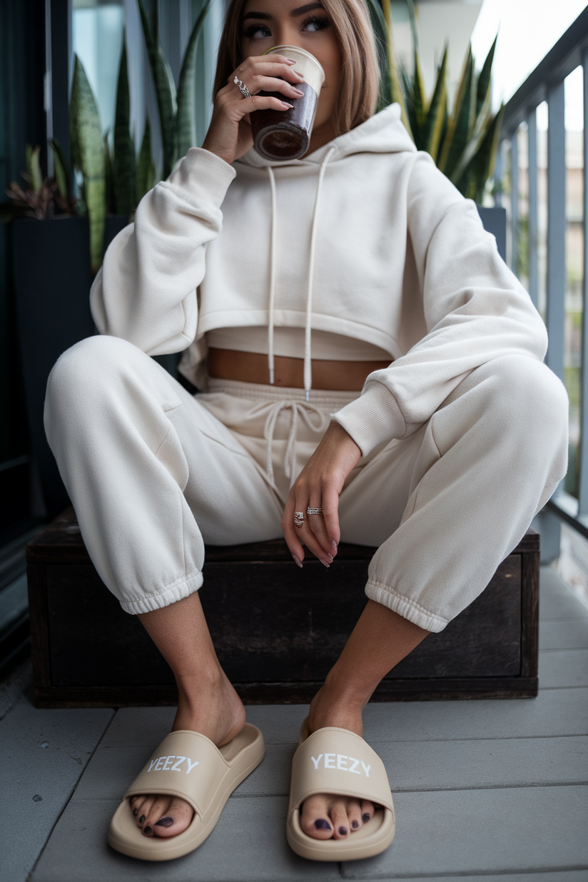 A woman in cream sweatpants and a cropped white hoodie, wearing beige Yeezy slides, sitting on a balcony with plants.