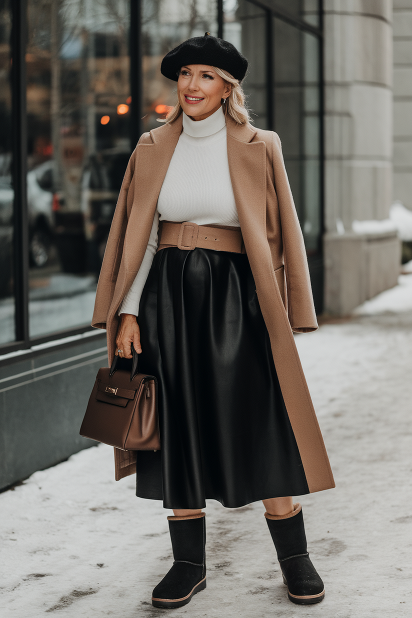 Classy winter outfit with a black midi skirt, white turtleneck, and black UGG boots.