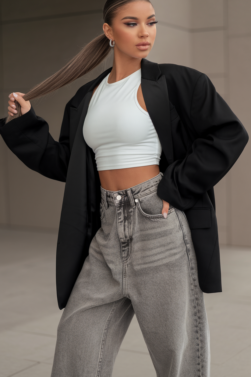 A woman styled in baggy jeans and a white crop top with a black blazer, exuding a clean and retro 90s aesthetic.