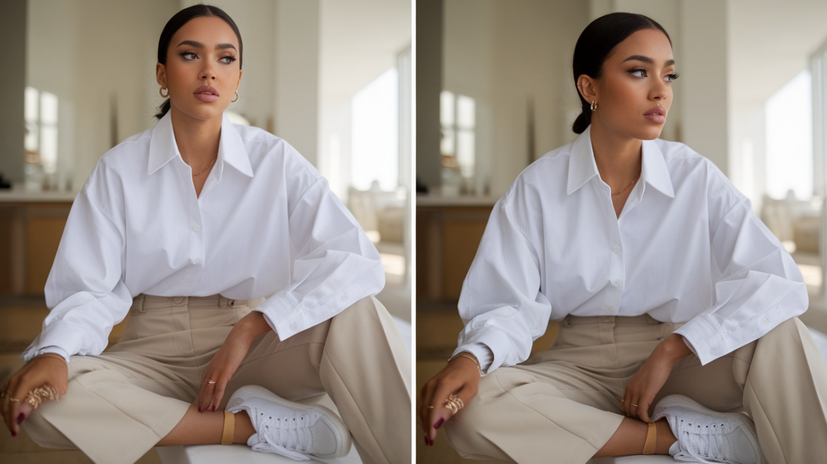 Woman in a white button-up shirt and beige trousers with white sneakers, styled for a clean, minimalist look.