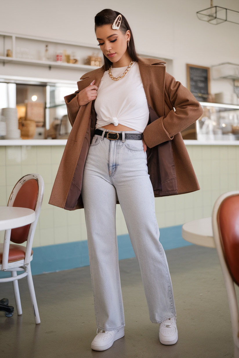 A woman styled in light-wash jeans, a tucked-in white t-shirt, and white sneakers, creating a clean and retro 80s aesthetic.