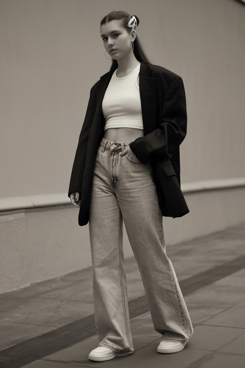 A woman styled in 90s-inspired medium-wash jeans and a white tank top with a black blazer, creating a clean and retro aesthetic.