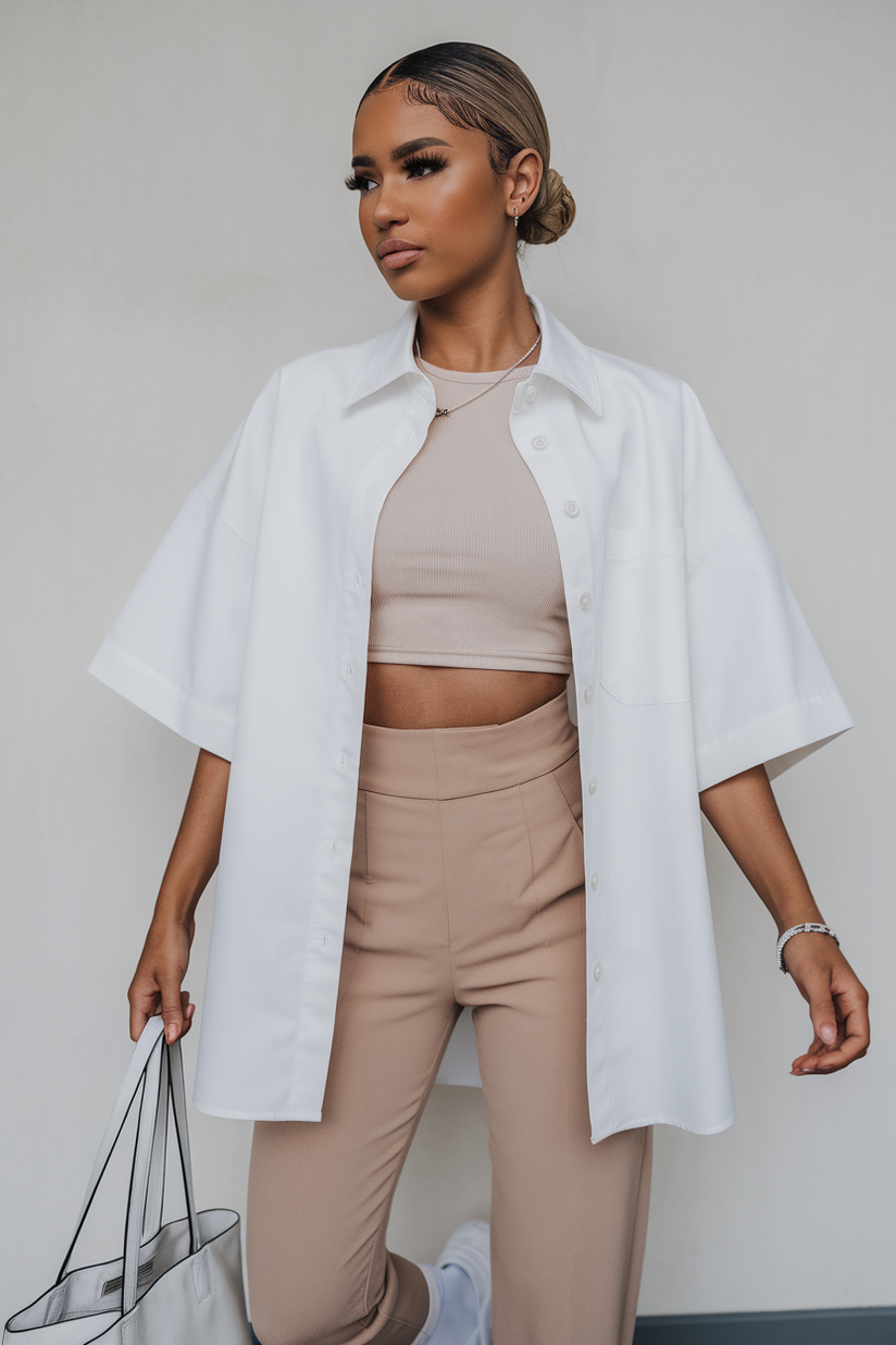 A woman styled in beige trousers, a crop top, and an oversized white shirt for a clean, Korean-inspired minimalist aesthetic.