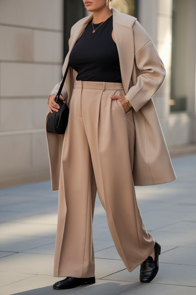 A woman styled in beige trousers and a black tank top with loafers, exuding a clean and minimalist vibe.