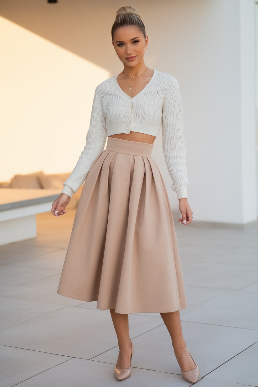 A woman styled in a beige midi skirt and a white cardigan with nude ballet flats, creating a clean and elegant look.