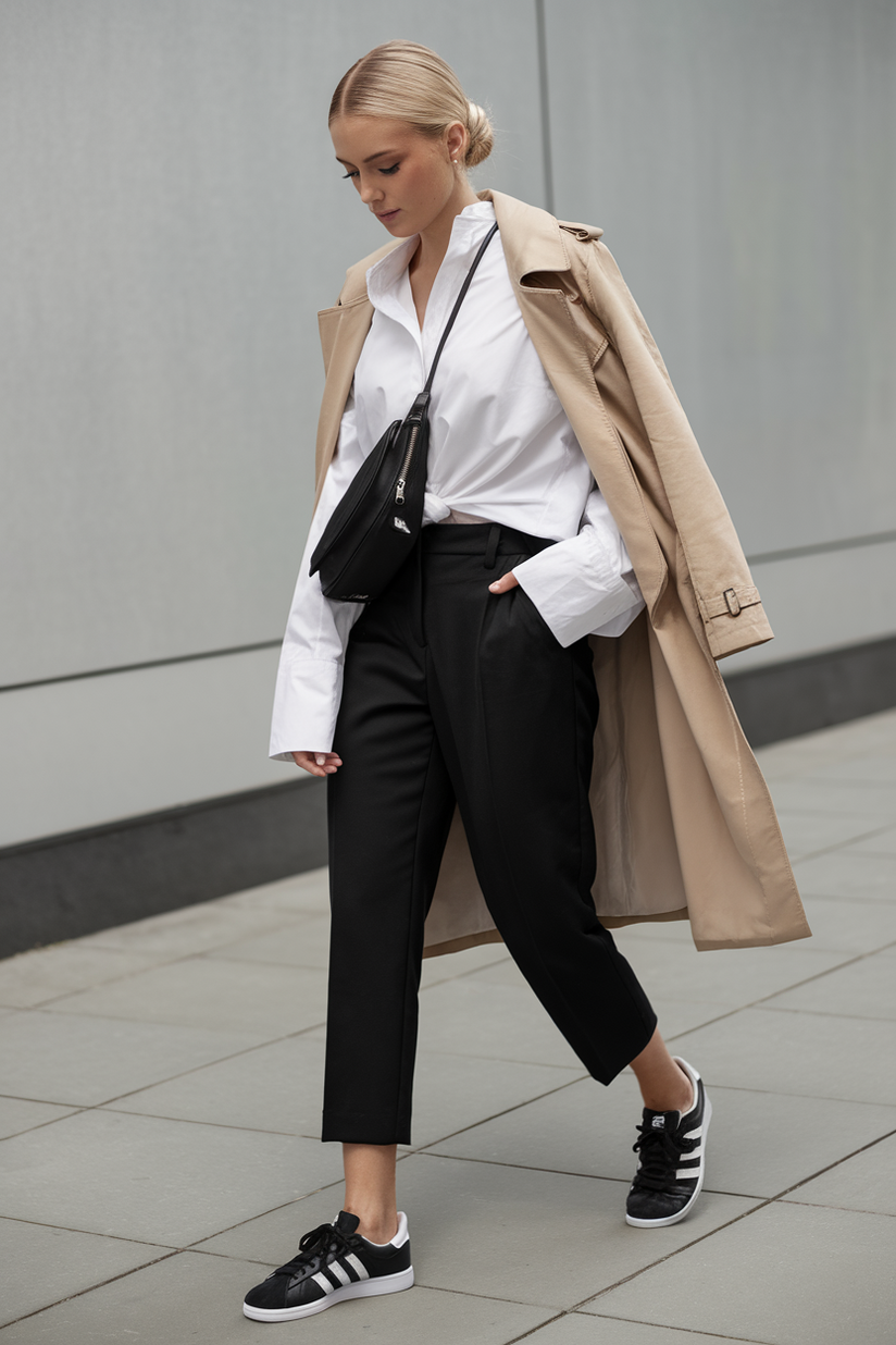 A woman styled in black Adidas Campus sneakers, black trousers, and a white button-up shirt layered with a beige trench coat for a crisp, clean aesthetic.