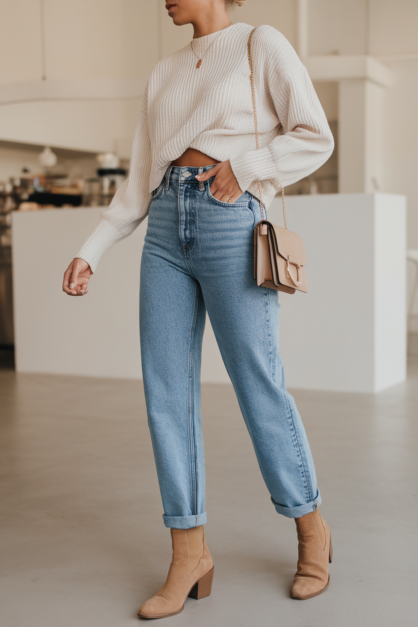 A woman styled in high-waisted blue jeans and a white ribbed sweater with tan boots, exuding a clean and polished look.