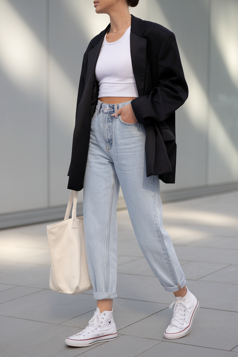 A woman styled in mom jeans and a white tank top with high-top Converse sneakers and a black blazer for a clean and casual look.