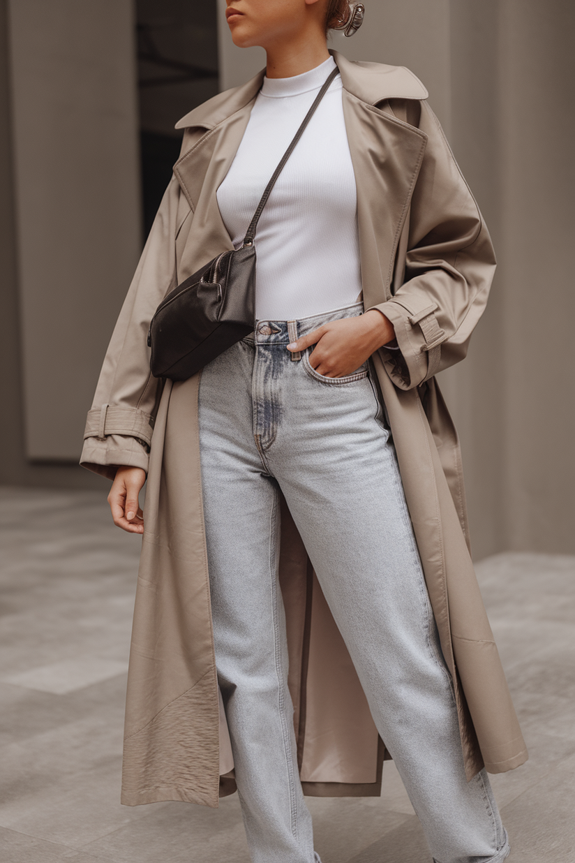 A woman styled in light-wash jeans and a white t-shirt with gray and white Dunks, layered with a beige trench coat for a clean and sporty aesthetic.