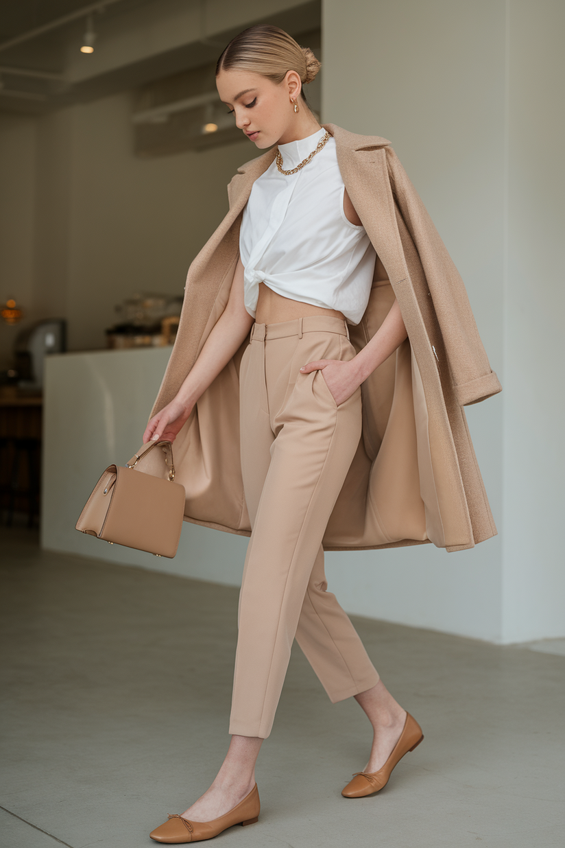 A woman styled in beige cropped trousers and a white blouse with tan flats, creating a polished and clean look.