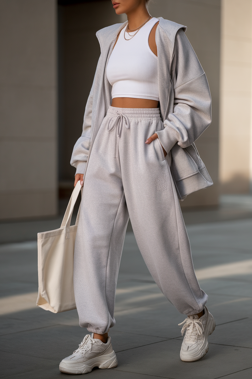 A woman styled in light gray sweatpants with a white cropped tank top and white sneakers for a casual and polished look.