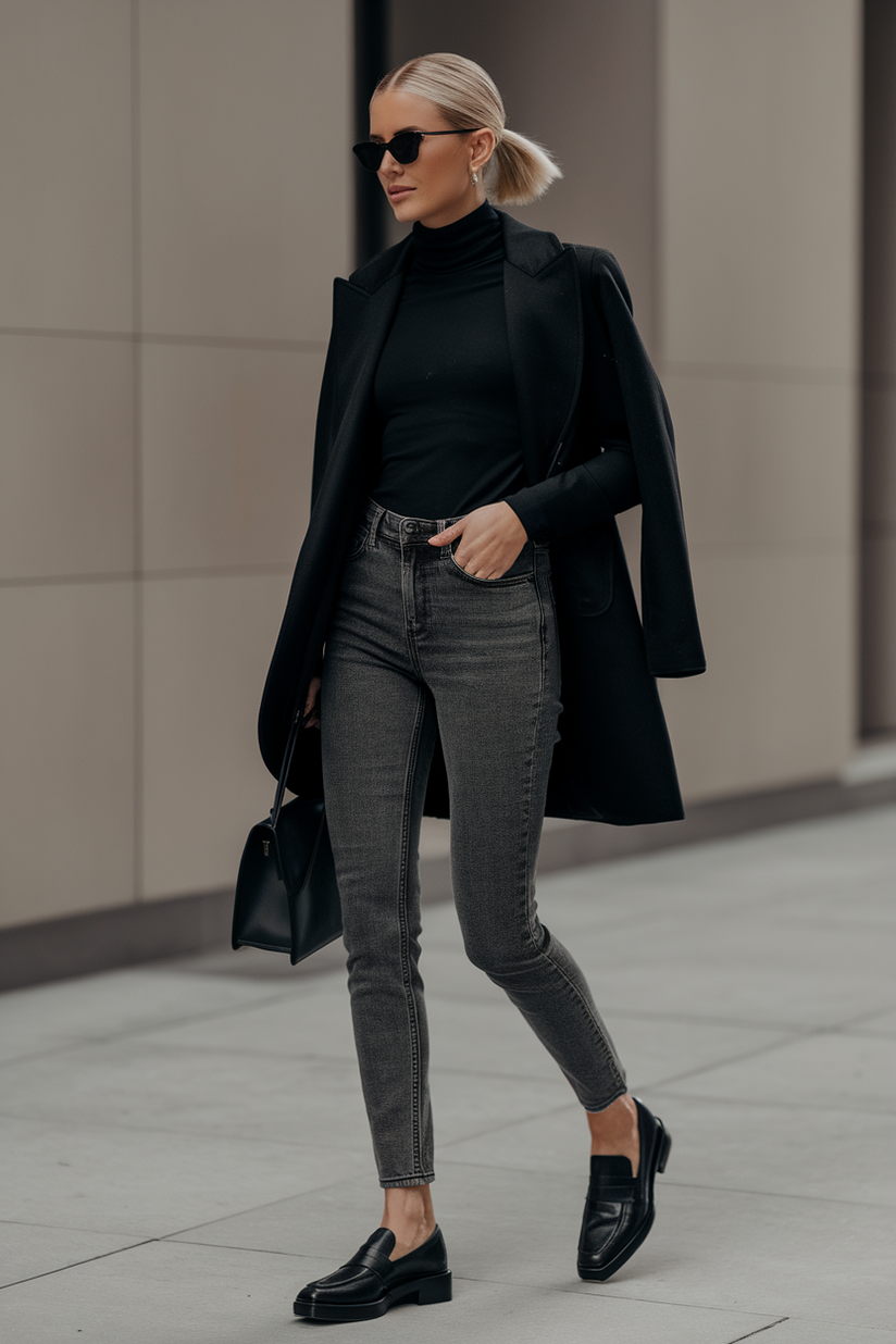 A woman styled in gray jeans and a black turtleneck with black loafers, capturing a sleek and clean aesthetic.