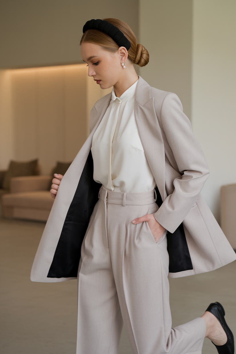 A woman styled in beige trousers, a white blouse, and a black headband with black flats, creating a preppy and clean aesthetic.