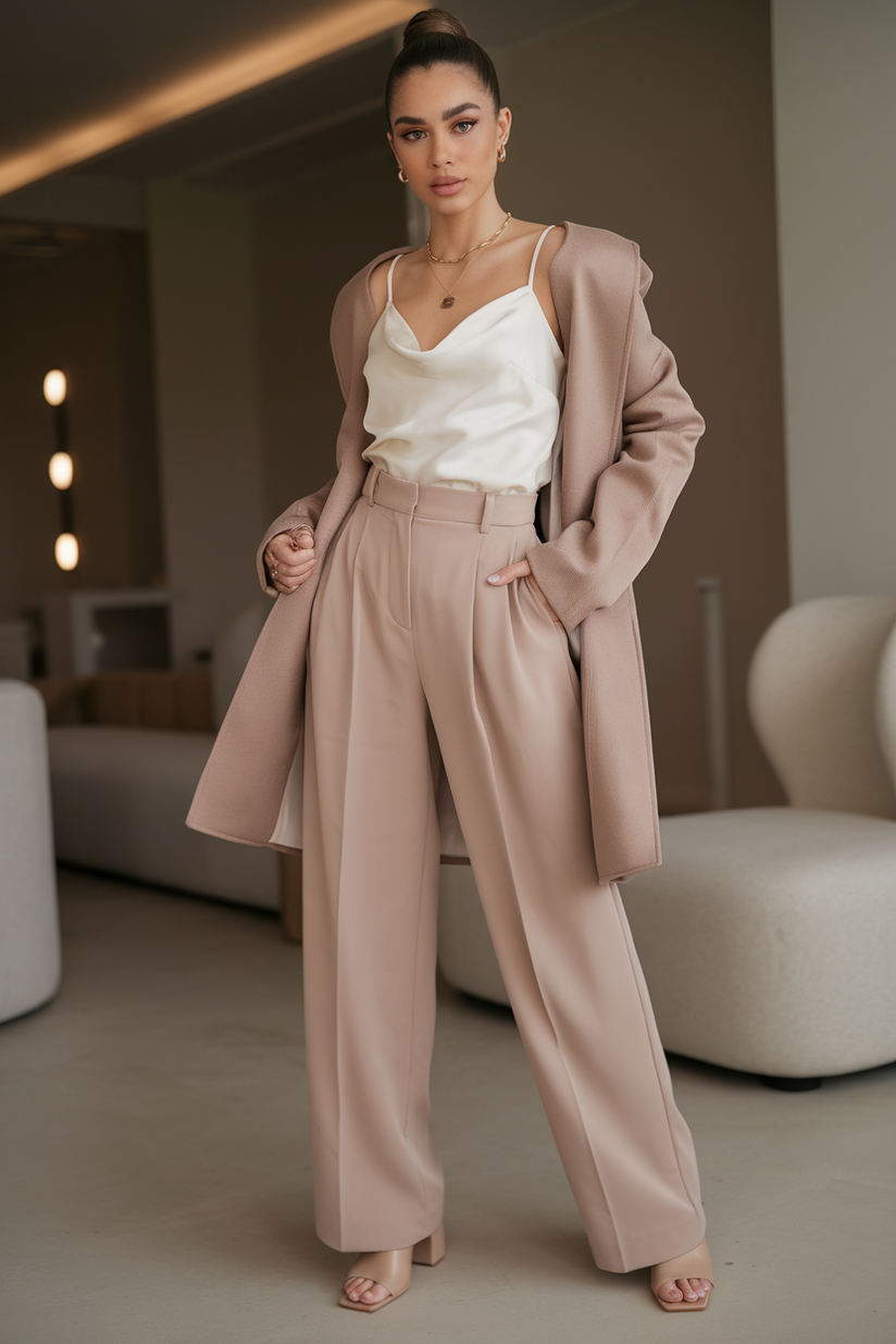 A woman styled in beige trousers with a white satin camisole and nude block heels, accessorized with gold jewelry for a chic and clean look.