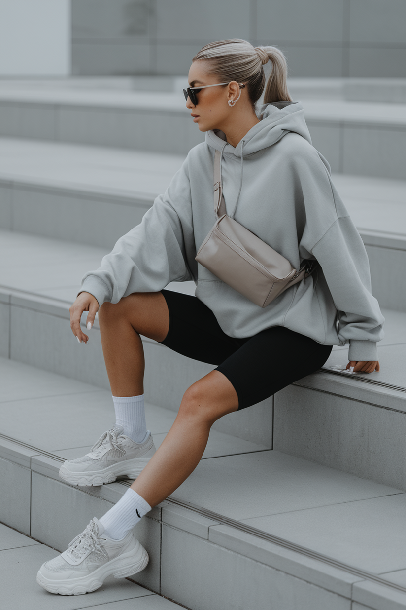 A woman in a gray oversized hoodie with black bike shorts and white sneakers, styled for a casual and polished look.