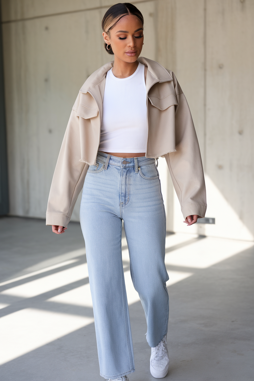 A woman styled in a beige cropped jacket with light blue jeans and white sneakers, capturing a simple and fresh aesthetic.