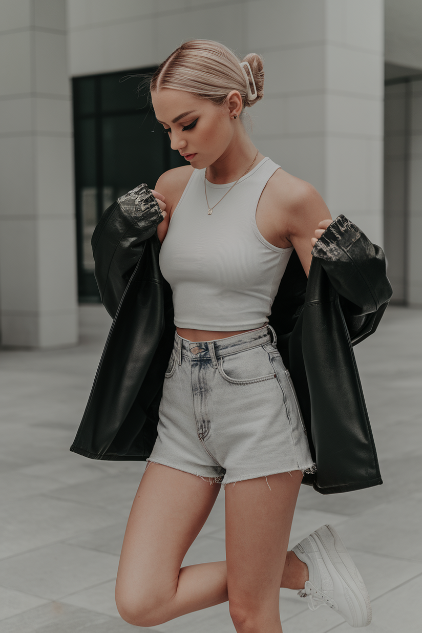 A woman styled in light-wash jean shorts and a white tank top with white sneakers for a casual and clean aesthetic.