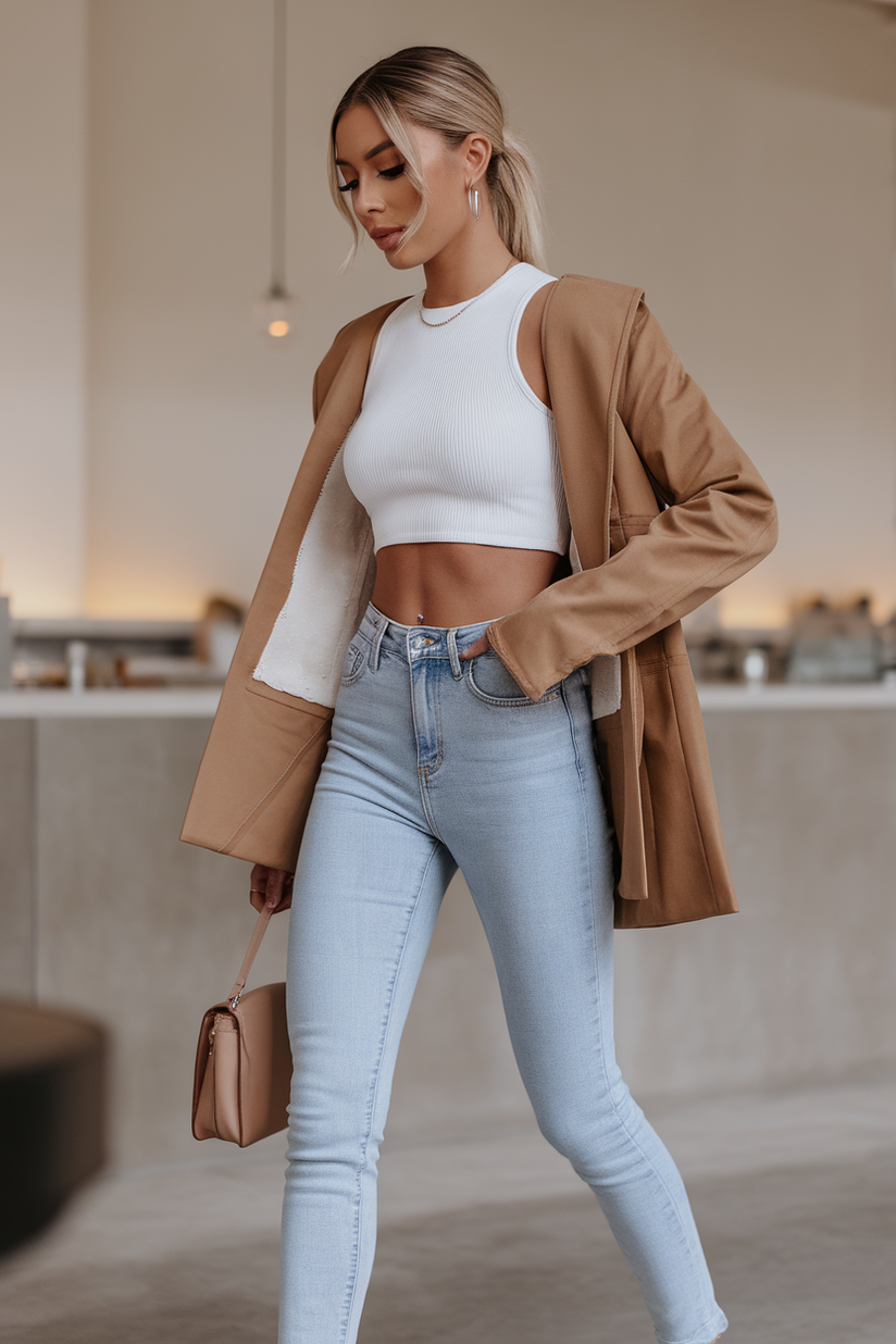 A woman styled in light blue slim-fit jeans with a white crop top and beige loafers, capturing a clean and polished look.