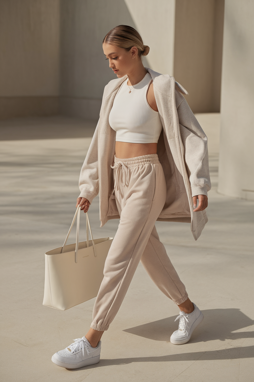 A woman styled in beige joggers with a white tank top and white sneakers for a relaxed and clean look.