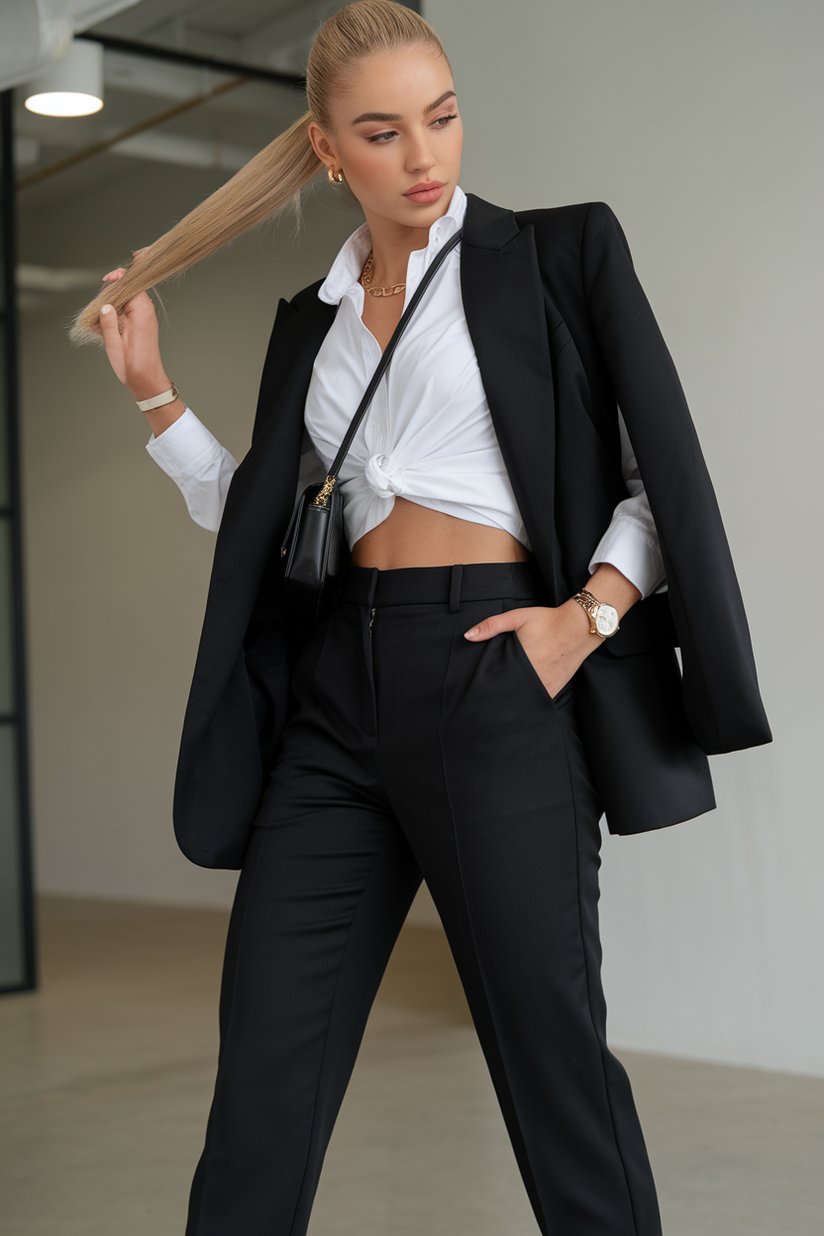 A woman styled in black trousers, a white button-up shirt, and black loafers, exuding a clean and professional vibe.