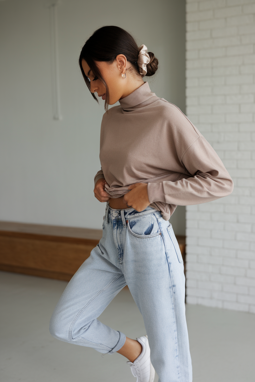 A woman in light-wash mom jeans with a beige turtleneck and white sneakers, styled for a fresh and clean aesthetic.