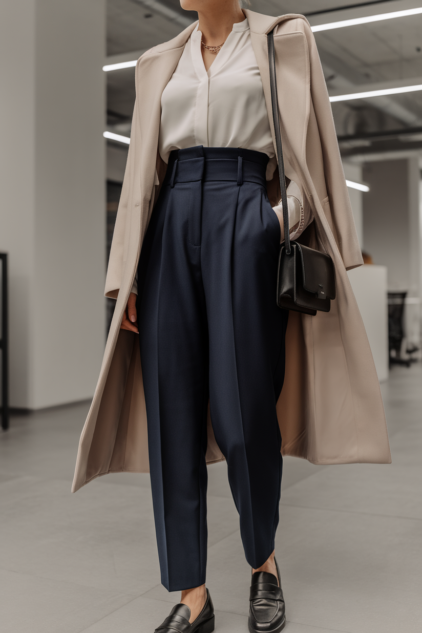 A woman styled in navy blue tailored trousers and a white blouse with black loafers, creating a clean and professional look.