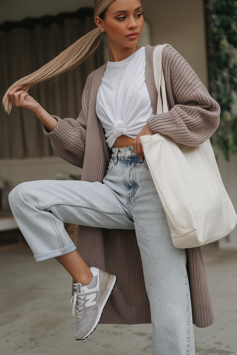 A woman styled in light-wash mom jeans, a white t-shirt, and gray New Balance sneakers, creating a fresh and minimalist aesthetic.