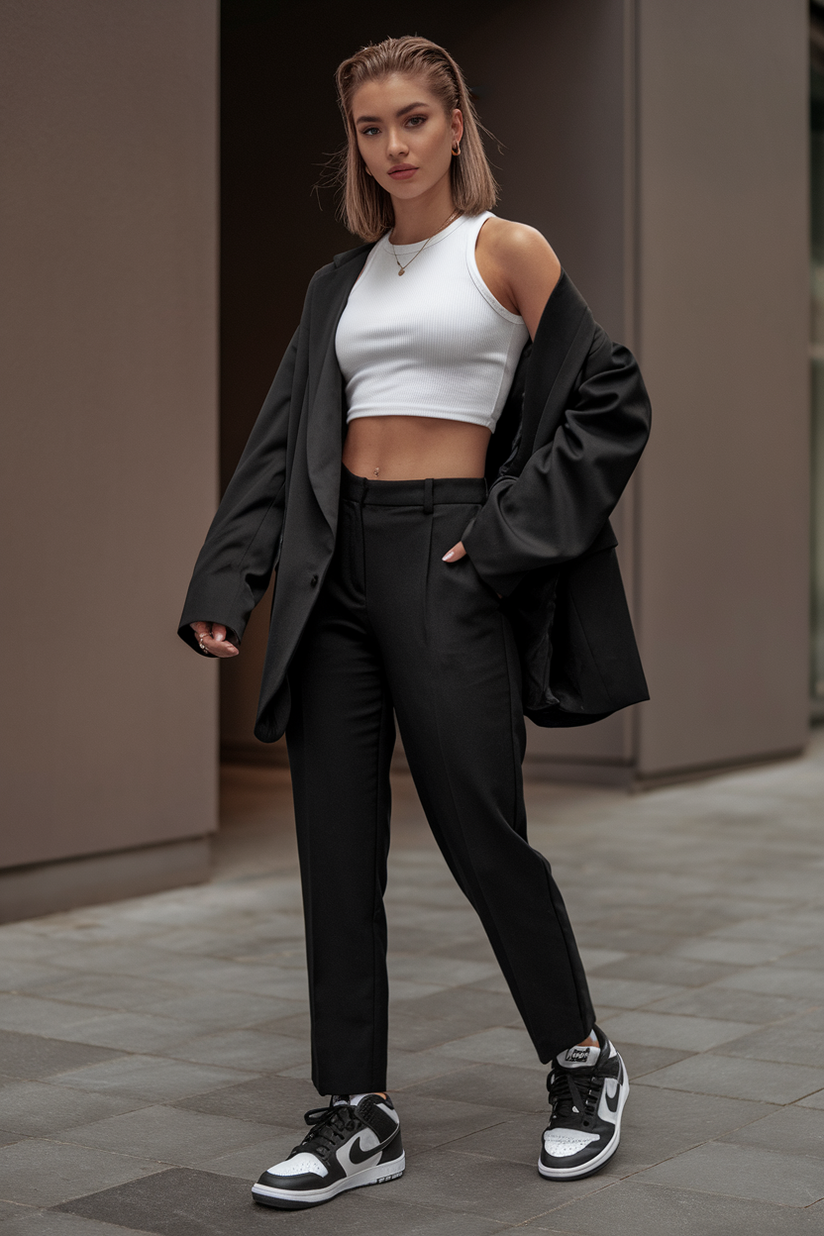 A woman styled in black trousers, a white tank top, and Panda Dunks, layered with a black blazer for a clean and sporty-chic look.