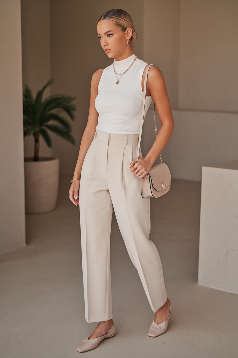 A woman styled in cream tailored pants and a white mock-neck top with nude flats, exuding a minimalist and clean aesthetic.