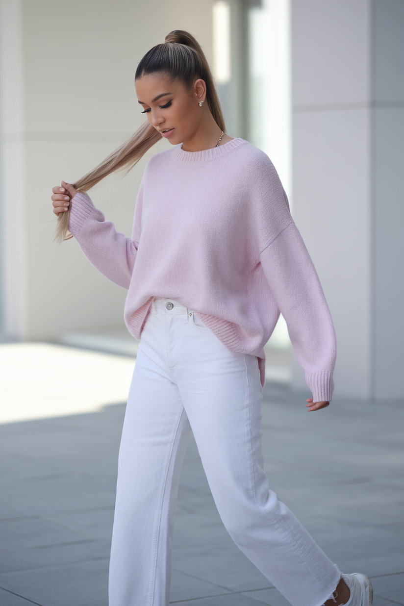 A woman styled in a light pink sweater and white jeans with white sneakers, adding a soft and clean touch of color.