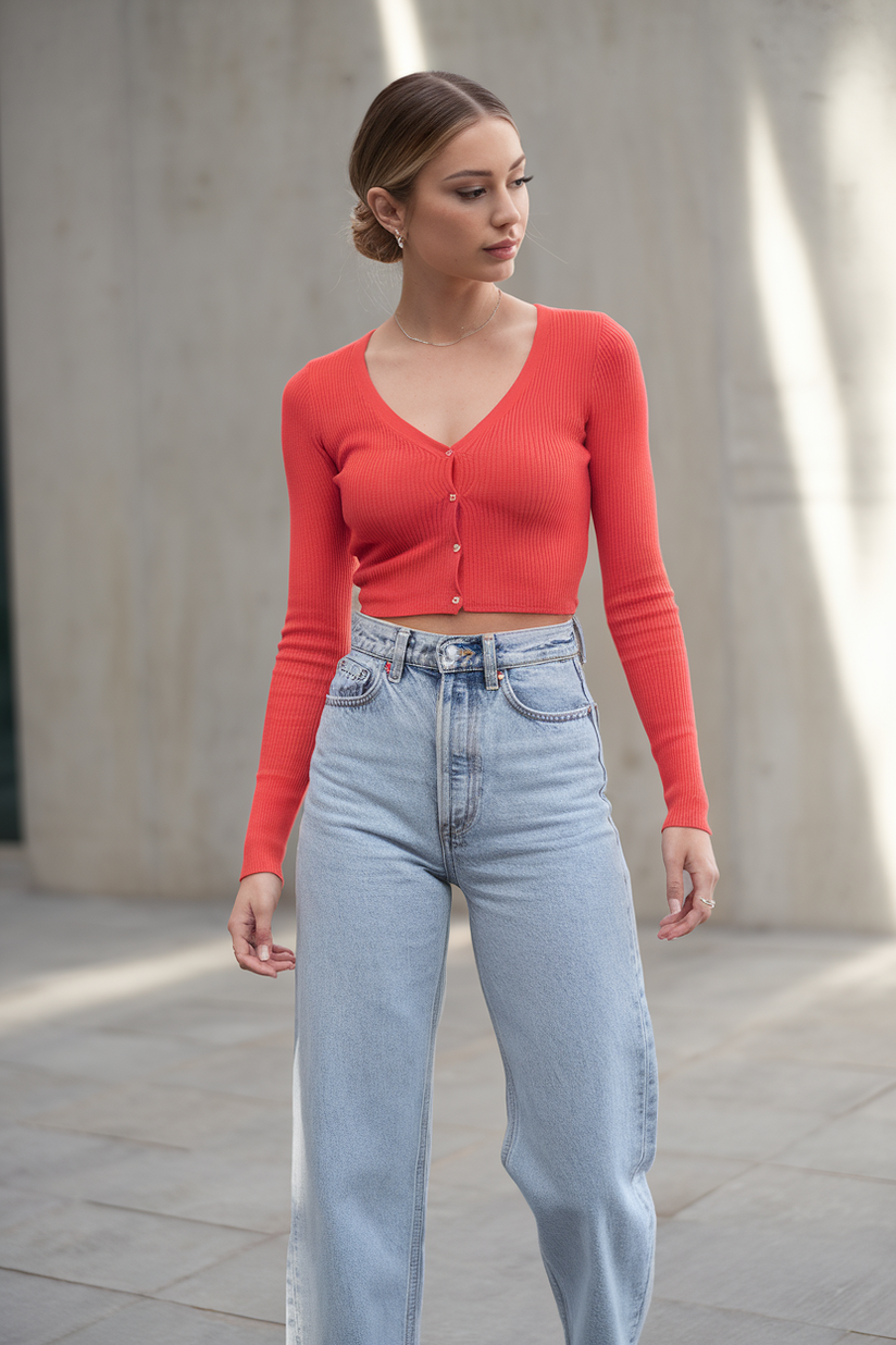 A woman styled in a red cardigan with light-wash jeans and white sneakers, adding a pop of clean and vibrant color.