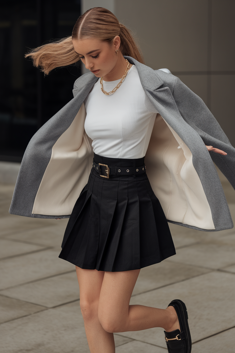 A woman styled in a black mini skirt and a white t-shirt with black loafers, creating a clean and chic aesthetic.