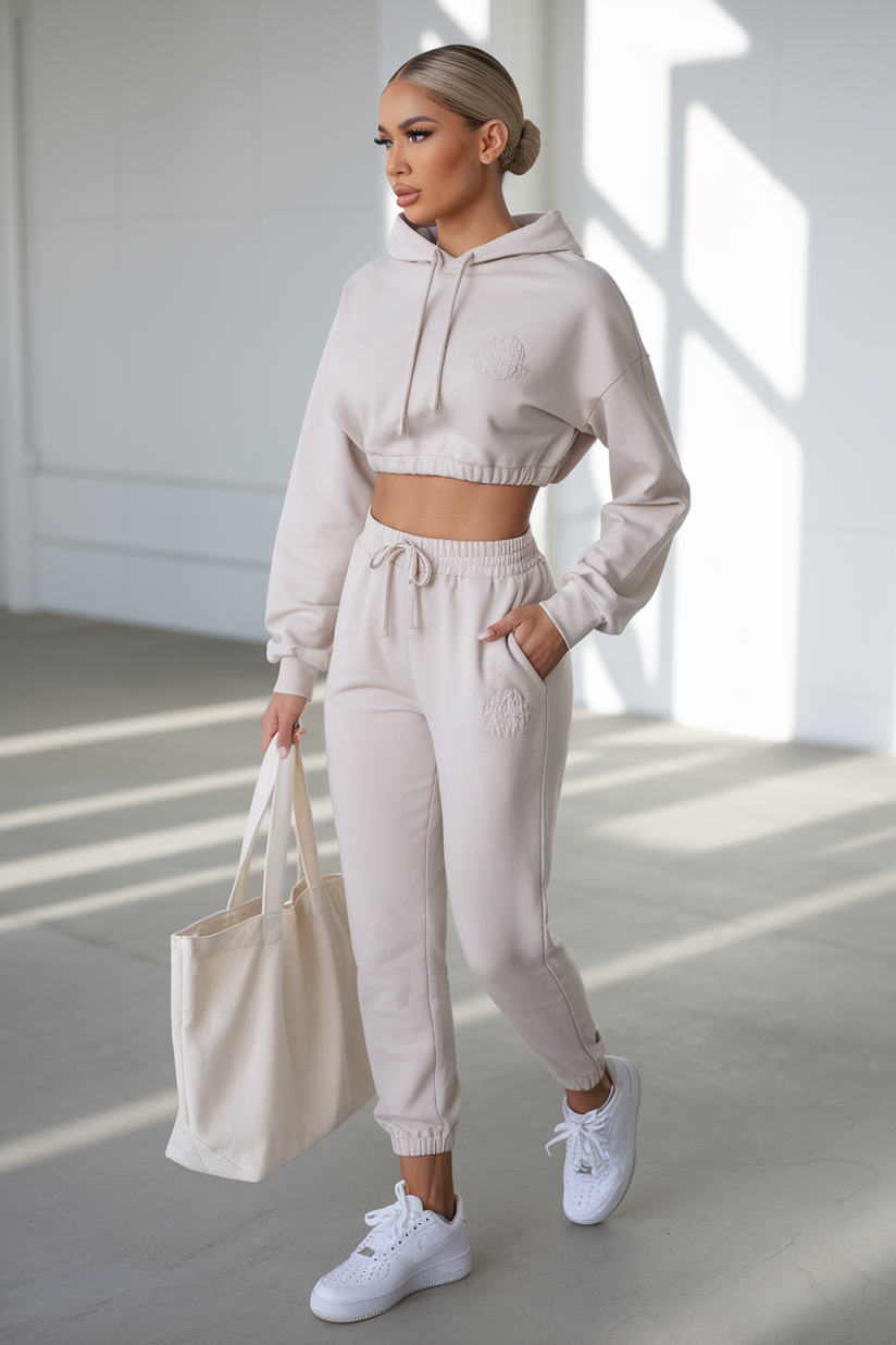 A woman styled in a beige tracksuit with white sneakers, exuding a relaxed and clean aesthetic.