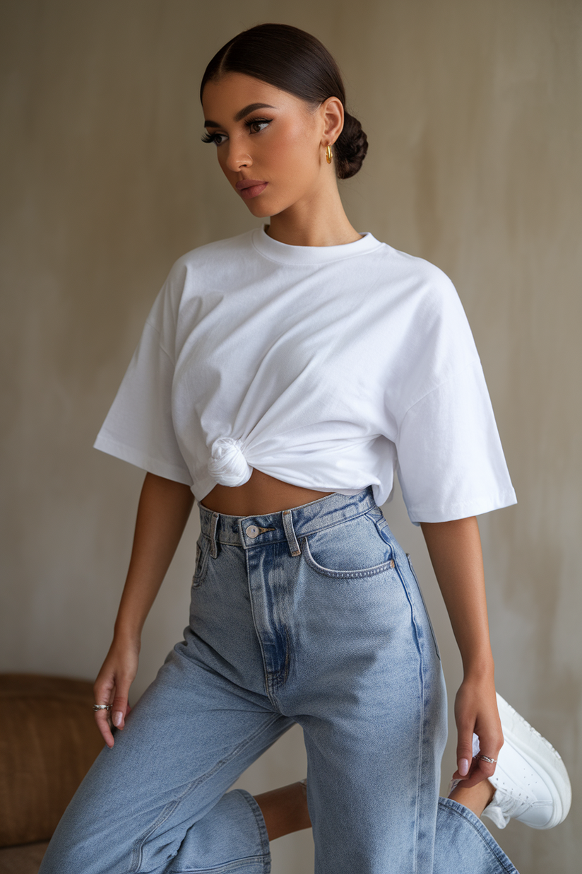 A woman styled in medium-wash jeans and a tucked-in white t-shirt with white sneakers, exuding a casual and clean aesthetic.