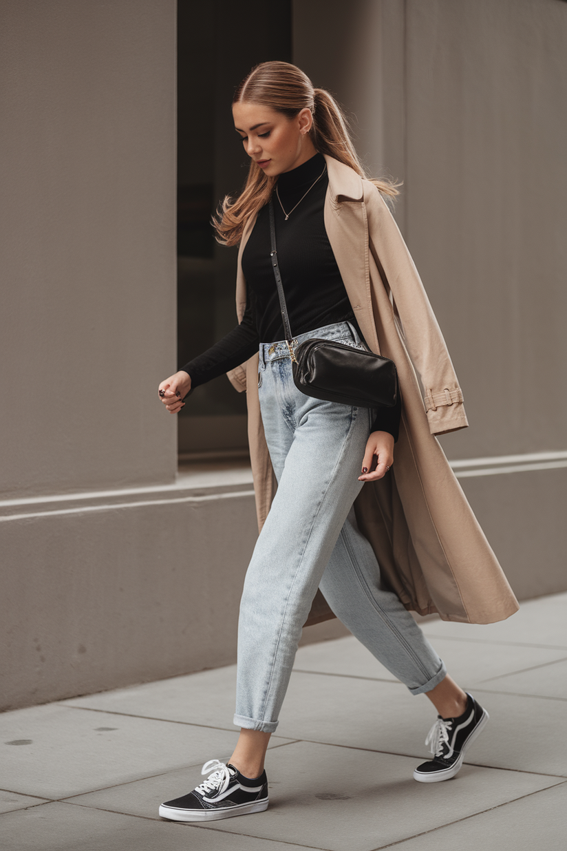 A woman styled in mom jeans and a black turtleneck with Vans sneakers and a beige trench coat for a clean and laid-back vibe.