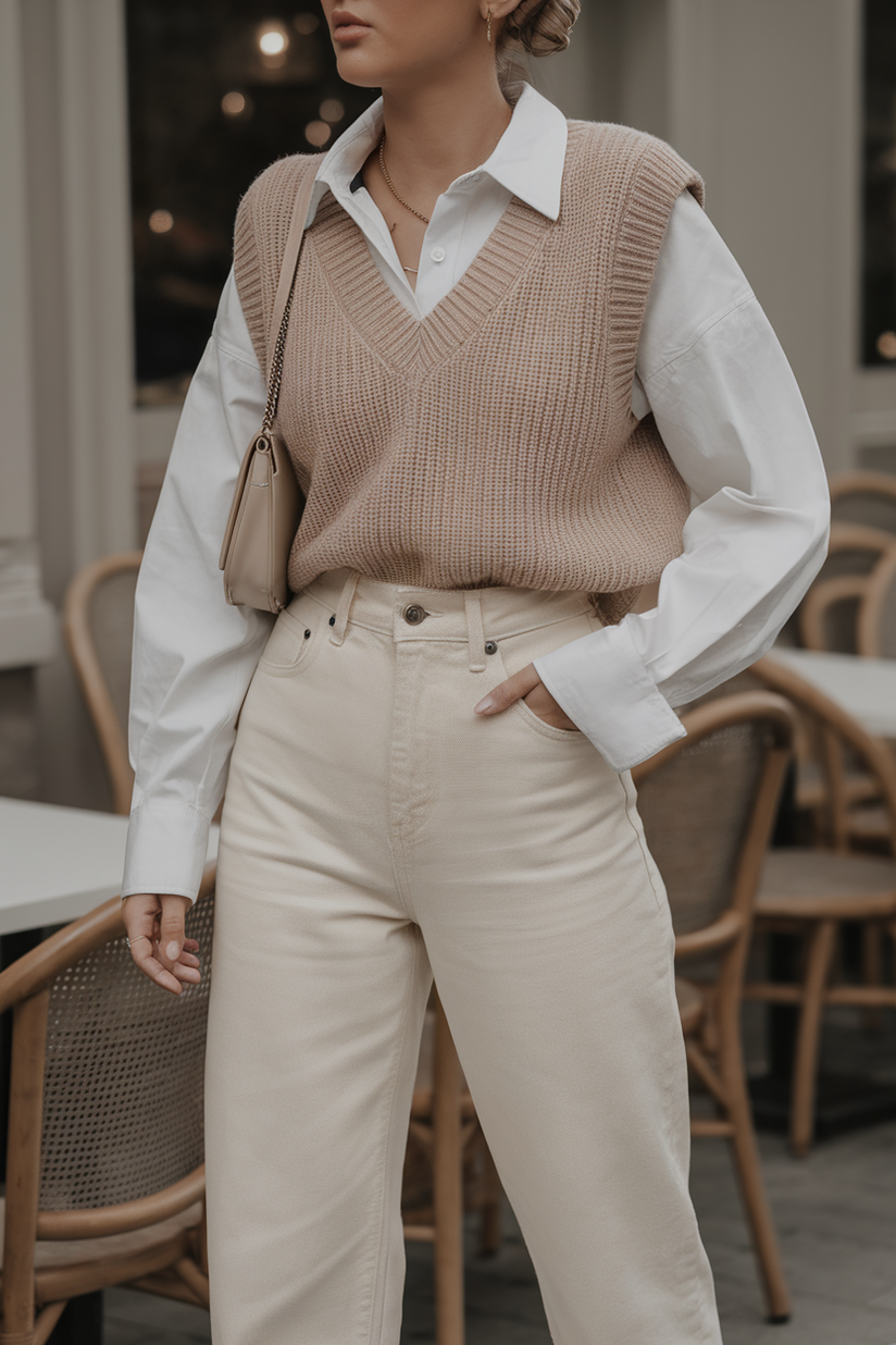 A woman styled in a beige sweater vest layered over a white shirt with cream trousers and white sneakers, capturing a clean and preppy look.