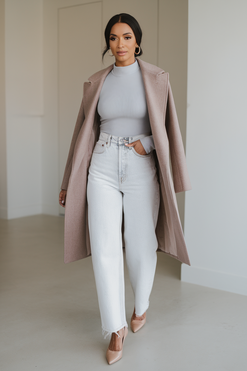 A woman styled in white jeans and a gray turtleneck, accessorized with nude flats and gold hoops for a minimalist and fresh aesthetic.