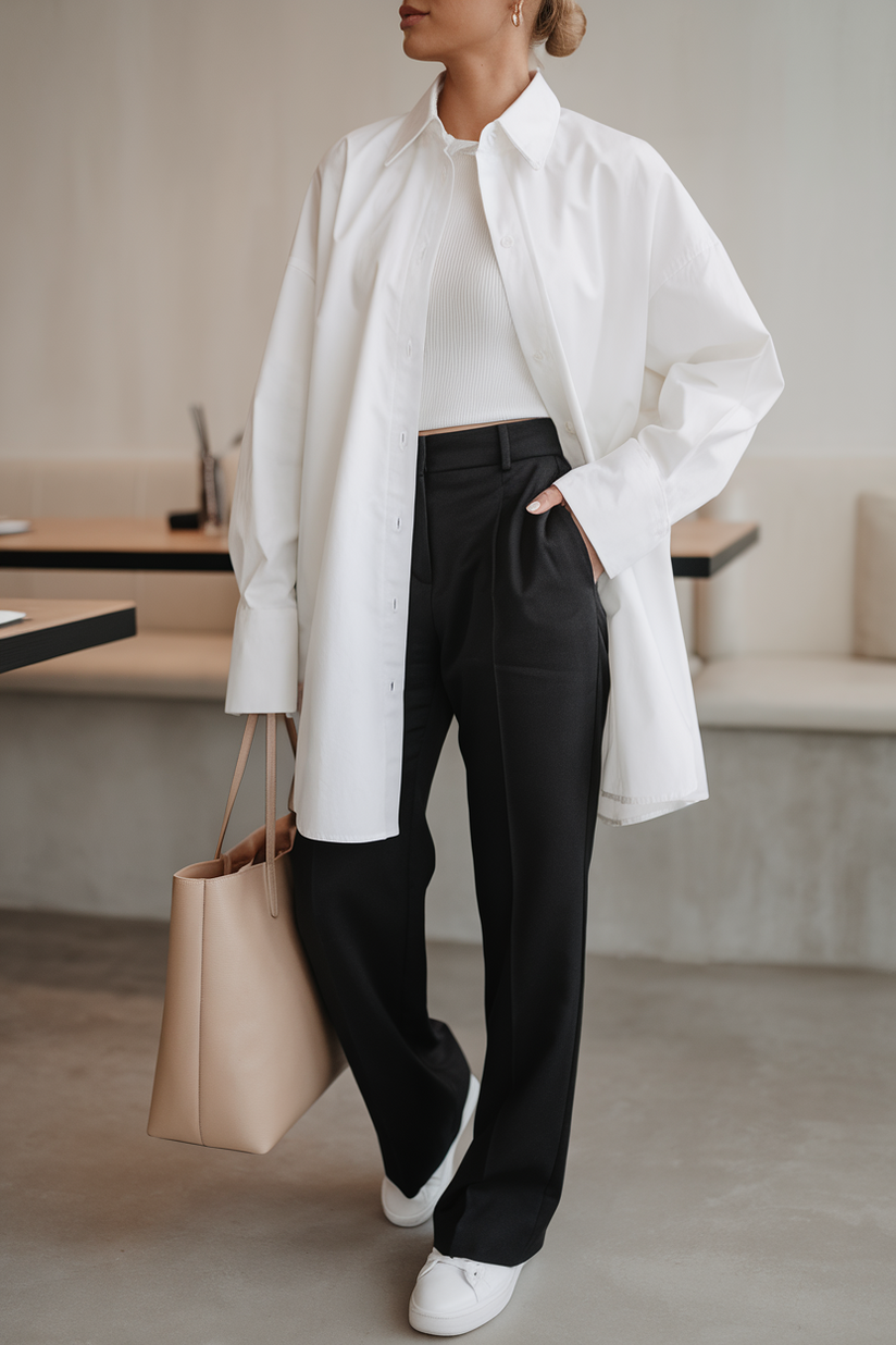 A woman styled in a white button-up shirt and black trousers with white sneakers, capturing a polished and minimalist aesthetic.