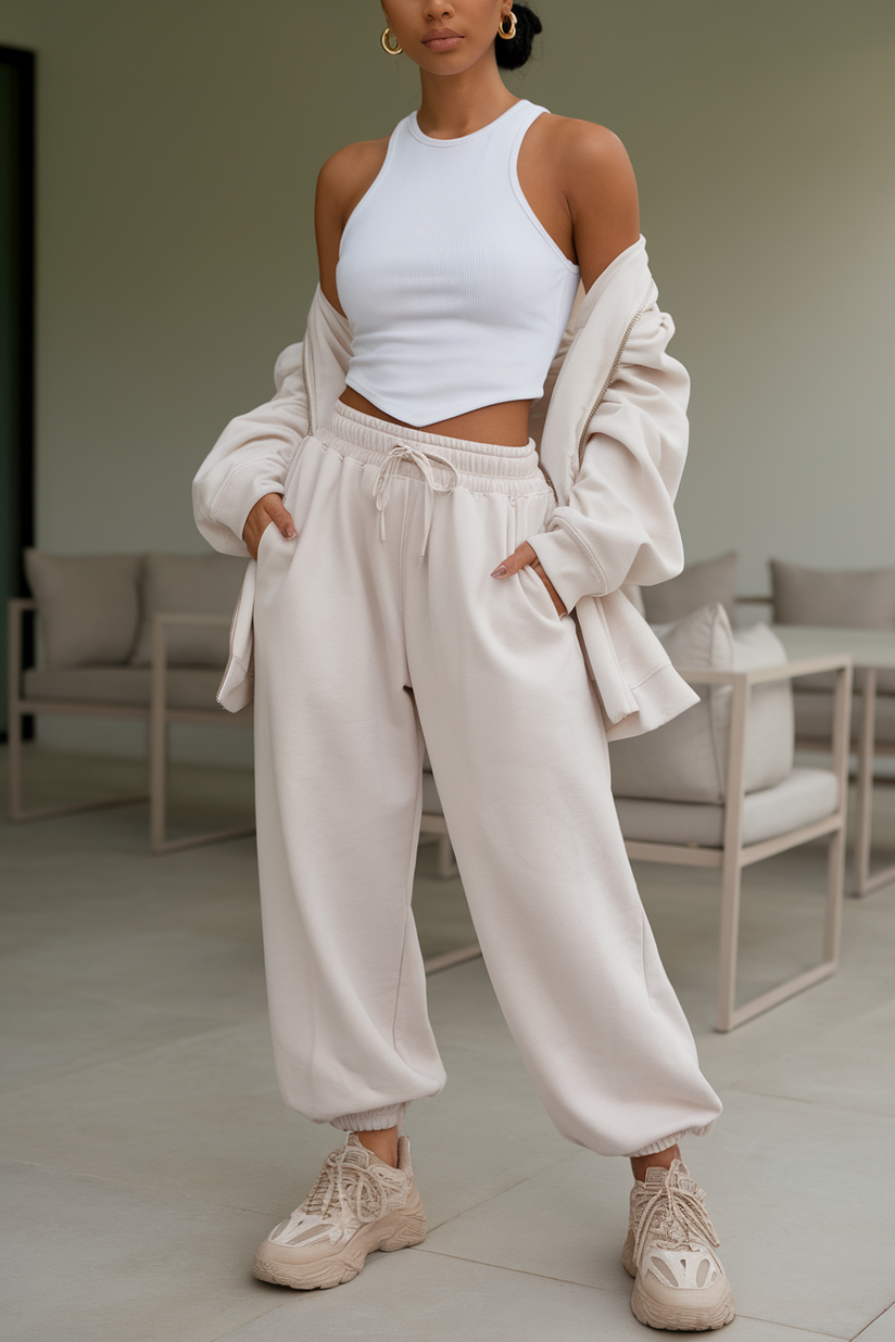 A woman styled in white sweatpants and a white tank top with beige sneakers, creating a fresh and sporty clean look.