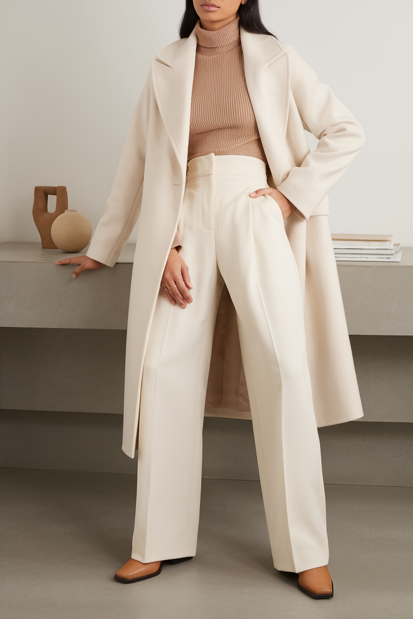 A woman in a cream coat, beige turtleneck, and wide-leg white trousers for a clean, polished winter work outfit.