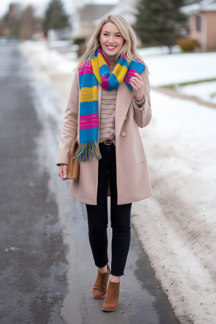 Winter outfit with a colorful striped scarf, beige coat, and black jeans.