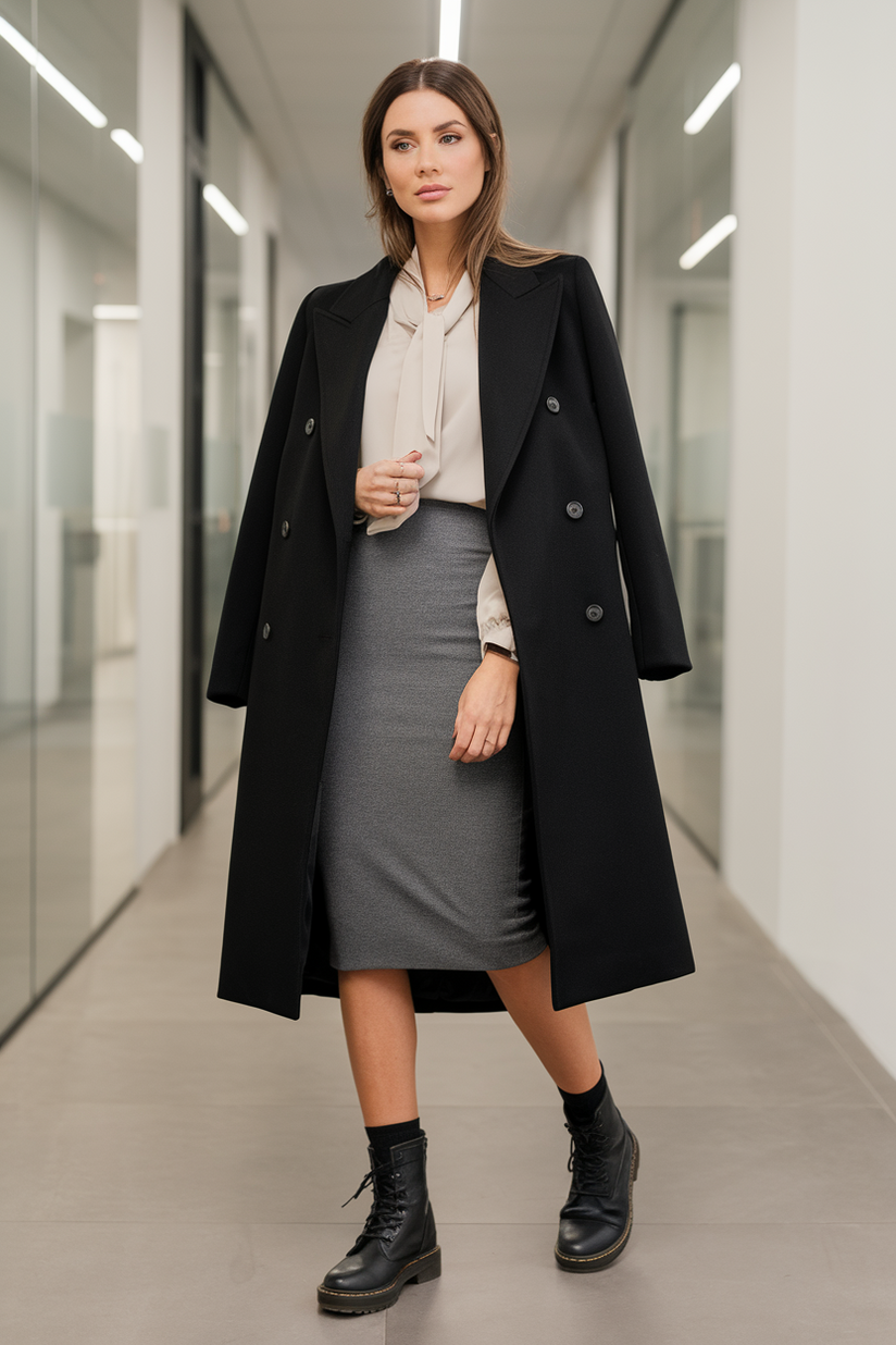 A woman in a black coat, gray skirt, and combat boots for a dressy yet edgy winter work outfit.