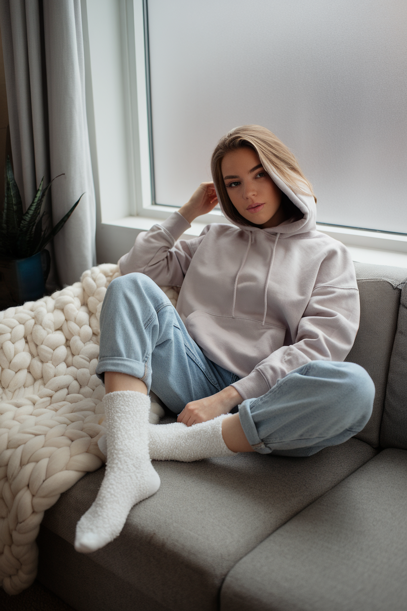 Woman in boyfriend jeans, fuzzy socks, and a gray hoodie, wrapped in a blanket near a frosted window.