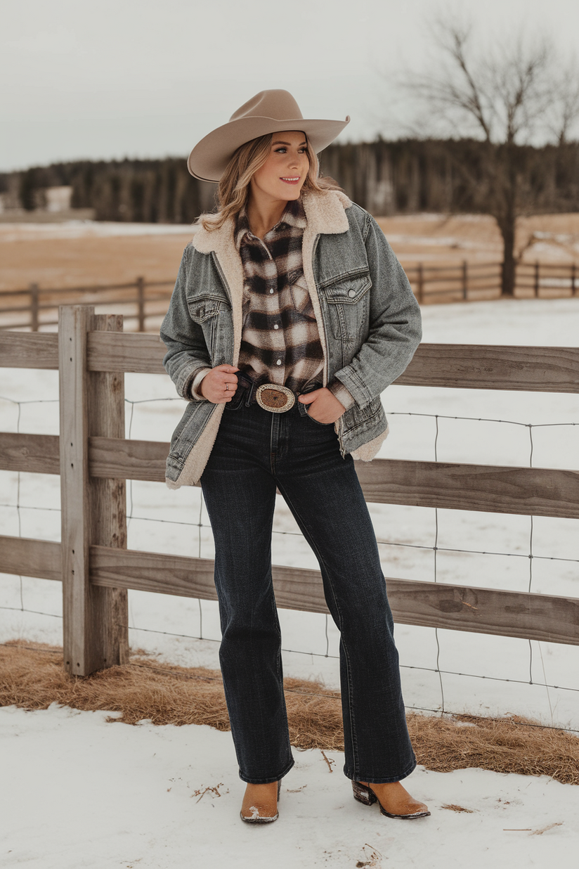 Woman in straight dark jeans, tan cowboy boots, and a flannel shirt with a denim jacket in a snowy rural scene.