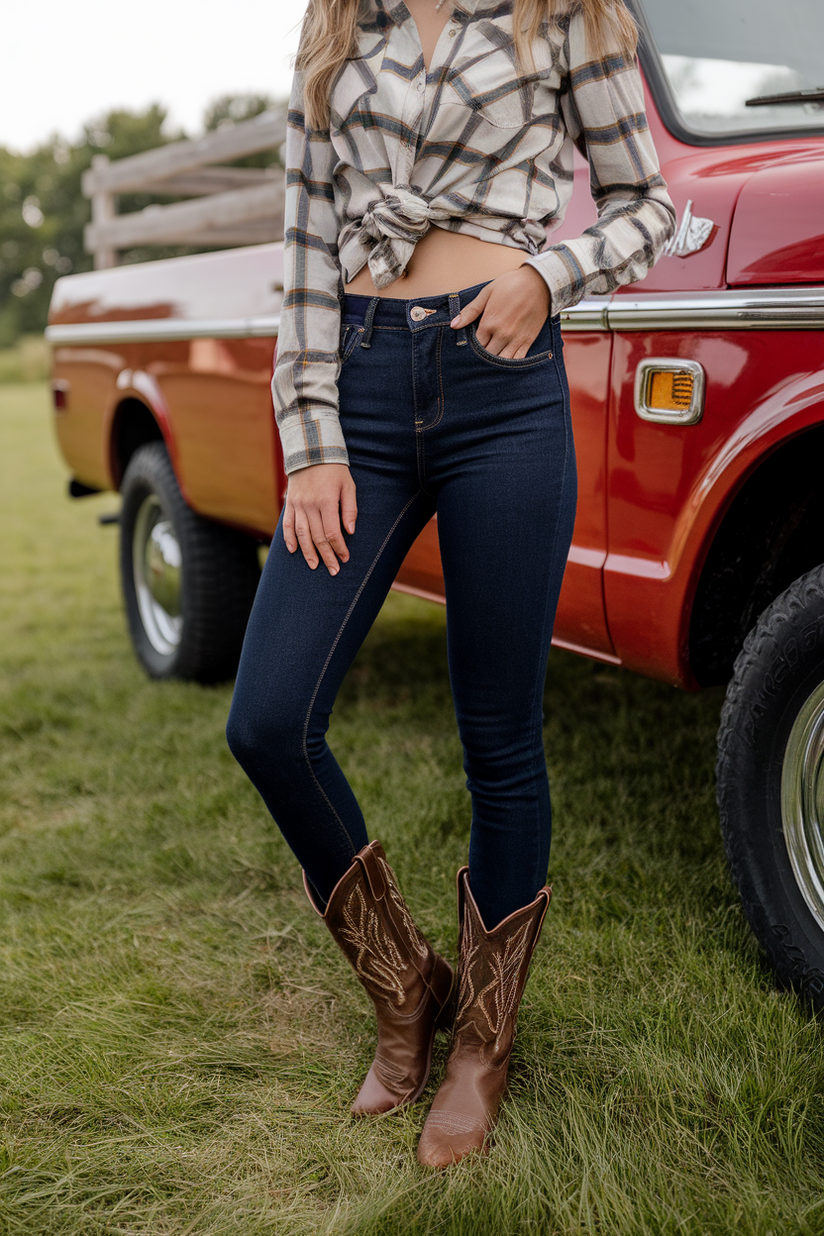 Woman in skinny jeans, plaid shirt, and cowboy boots beside a vintage red truck.