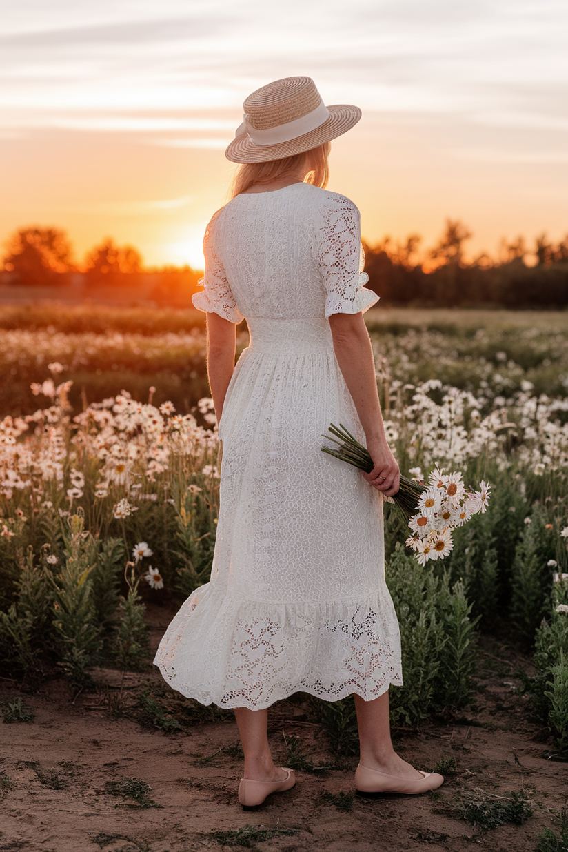 A cute soft girl outfit with a white lace dress and nude ballet flats, styled with a straw hat for a whimsical aesthetic.